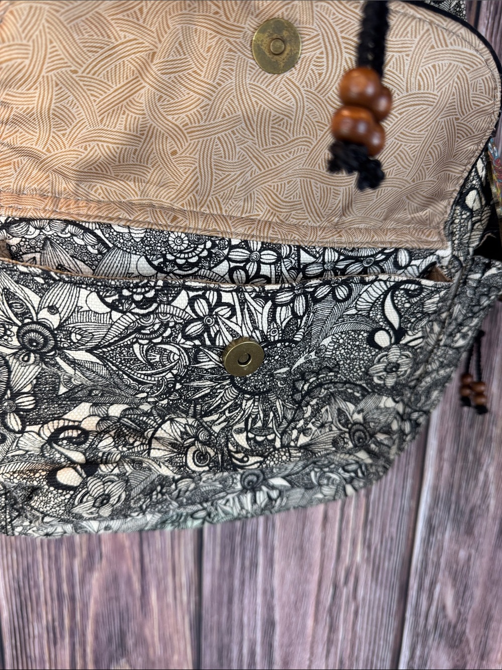 Sakroots Black and Cream Floral Canvas Backpack with Pink Accent Straps - Picture 8 of 14